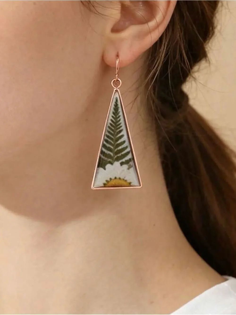 Rose Gold Triangle Floral Fern Drop Earrings A2117